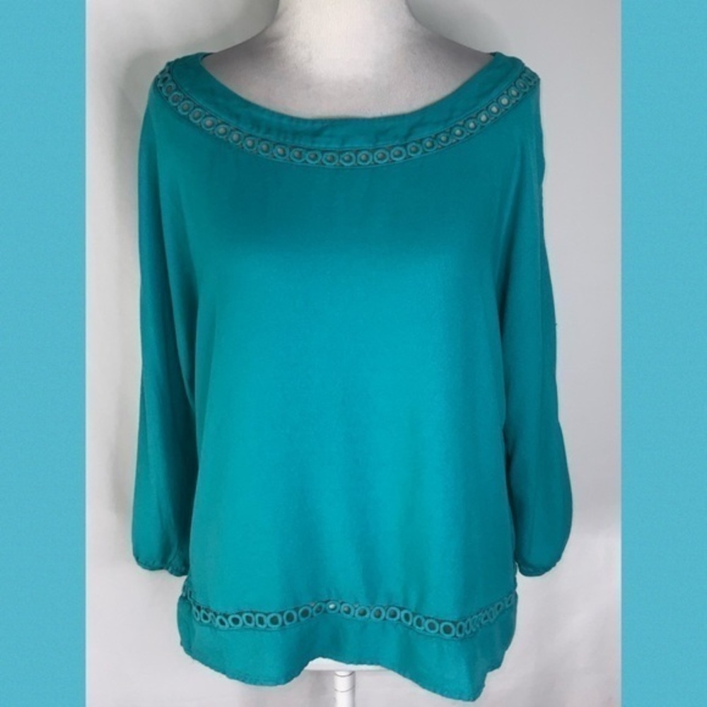 Ella Moss Turquoise 3/4 Split Sleeve Cutout Long Sleeve Neckline Casual  Top M